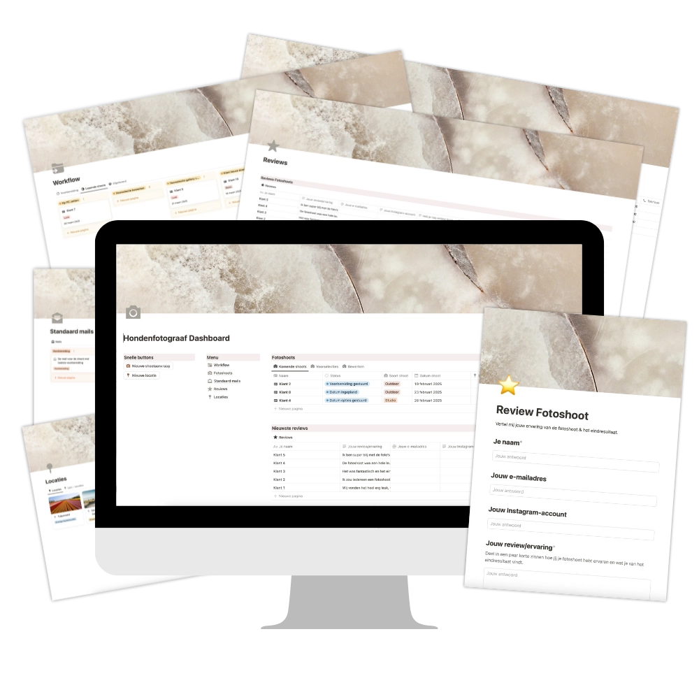 notion template dashboard hondenfotograaf hondenfotografen fotograaf fotografen workflow klanten fotoshoots reviews